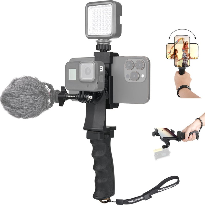 Fantaseal 2in1 Ergonomic Portable Action Camera+Smartphone SYN Hand Grip Stabilizer Combo Mount Video Vlogging Rig Holder Kit for GoPro iPhone Interview Travel YouTube Tiktok Streaming-Mic+Light Adapter - Image 1